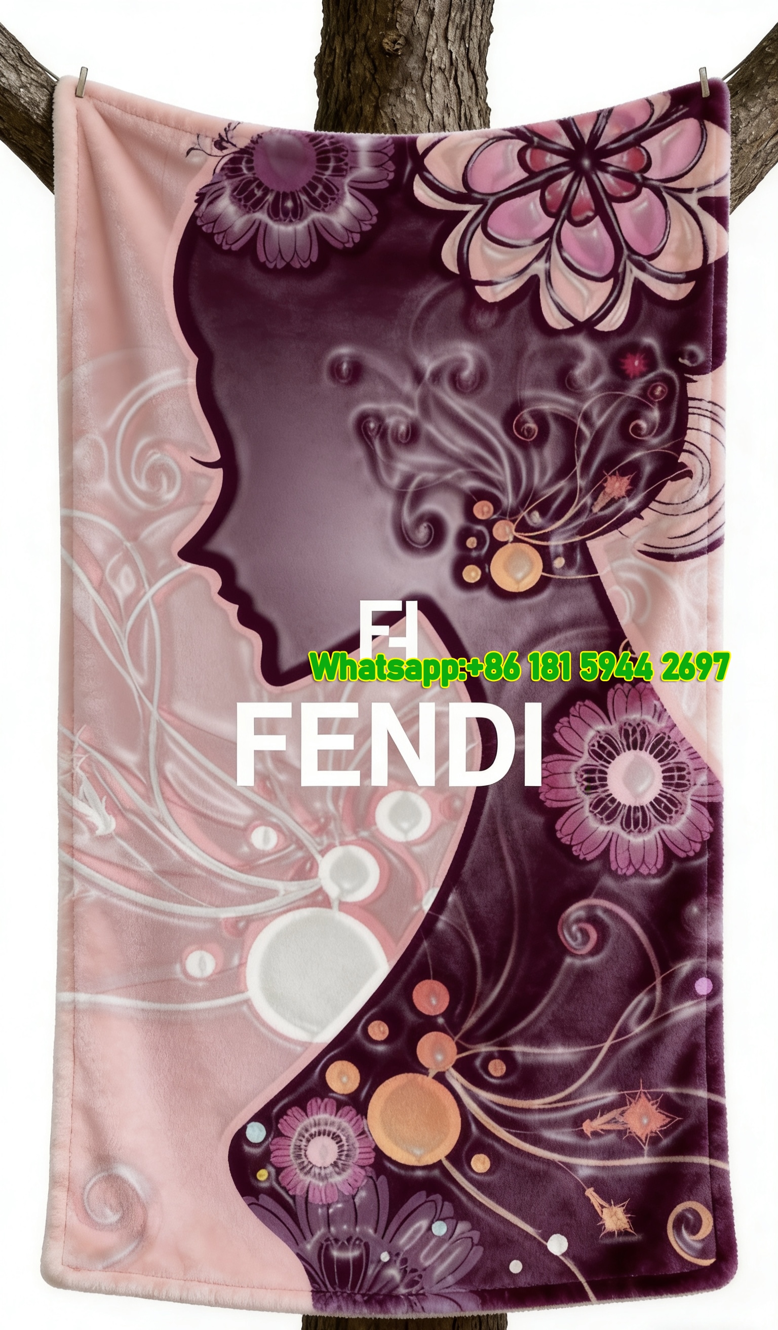 Fendi Pink Floral Silhouette Flannel Sofa Throw Blanket IMG_9409